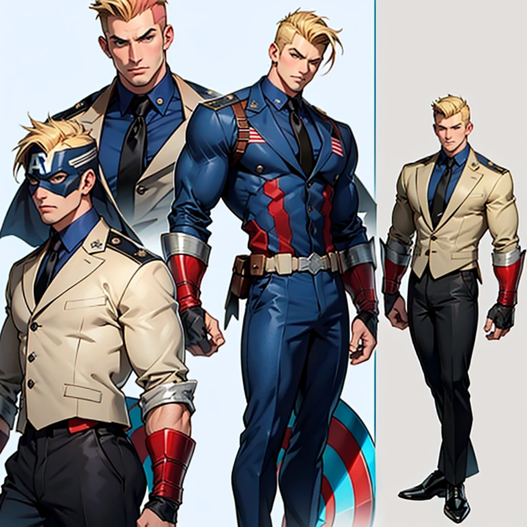A model sheet of a muscular adult Captain America, short blonde quiff hair, shaved neck, wears a light beige suit-style outfit, dark blue blouse underneath and black tie, black pants and black shoes, Using detailed gauntlets, in different poses, various face angles, Facial expressions, 8k quality.