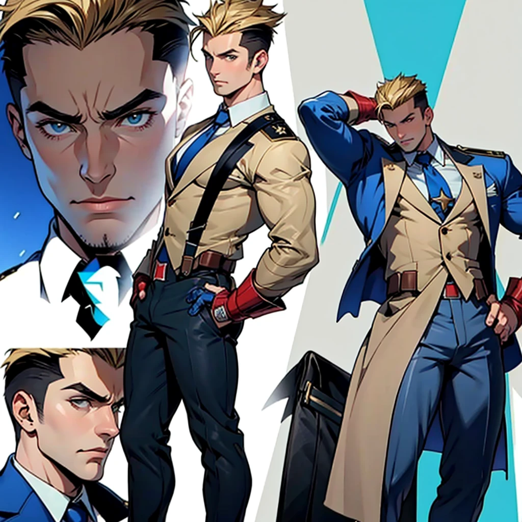A model sheet of a muscular adult Captain America, short blonde quiff hair, shaved neck, wears a light beige suit-style outfit, dark blue blouse underneath and black tie, black pants and black shoes, Using detailed gauntlets, in different poses, various face angles, Facial expressions, 8k quality.