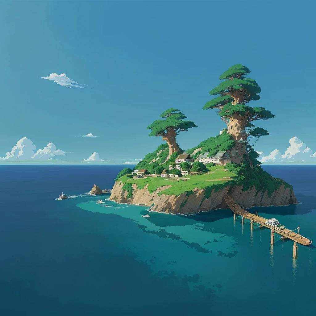 painting of a small island with a lookout and a boat, studio ghibli environment, studio ghibli smooth concept art, Ghibli Studio Landscape, not style of hayao miyazaki, studio ghibli composition, Painting Studio Ghibli, in style of studio ghibli, studio ghibli concept art, from the studio ghibli film, Ghibli Film Studio still, studio ghibli painterly style