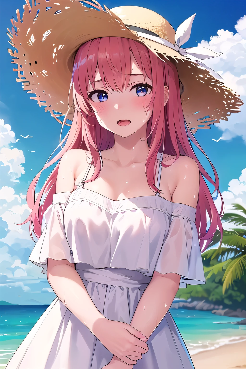 (8K, top-quality, masterpiece:1.2), (reallistic, Photorealsitic:1.37), Super Detail, One girl,), (Highly detailed), (beautifully detailed eyes), (of the highest quality), (super detailed ), (masterpiece), (Detailed face),20yr old, ,1 girl, ((pink hair,long hair)), medium breasts, clothed, Perfect Lighting, BREAK, (white dress:1.5), (long skirt:1.3), (off-shoulder:1.3), (embroidered hem:1.2), (white sandals:1.2), (straw hat:1.5), (white ribbon:1.3), (summer:1.4), (lightweight fabric:1.2), BRAKE, (upper body to thighs:1.2), (long pink hair:1.3), (gentle smile:1.2), (face slightly up:1.2), (holding a straw hat:1.2), (summer sky with cumulus clouds:1.4), (backlit:1.2), BRAKE (sweat:1.5), (steam:1.2), (masturbation:1.2), (girl trembling with sexual climax:1.1), (looking at viewer:1.3), (open mouth:1.2), (NSFW:1.1)