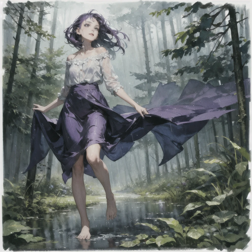 a girl with a very beautiful exquisite face barefoot in the rain in the summer forest, purple thunderstorm, in watercolor style