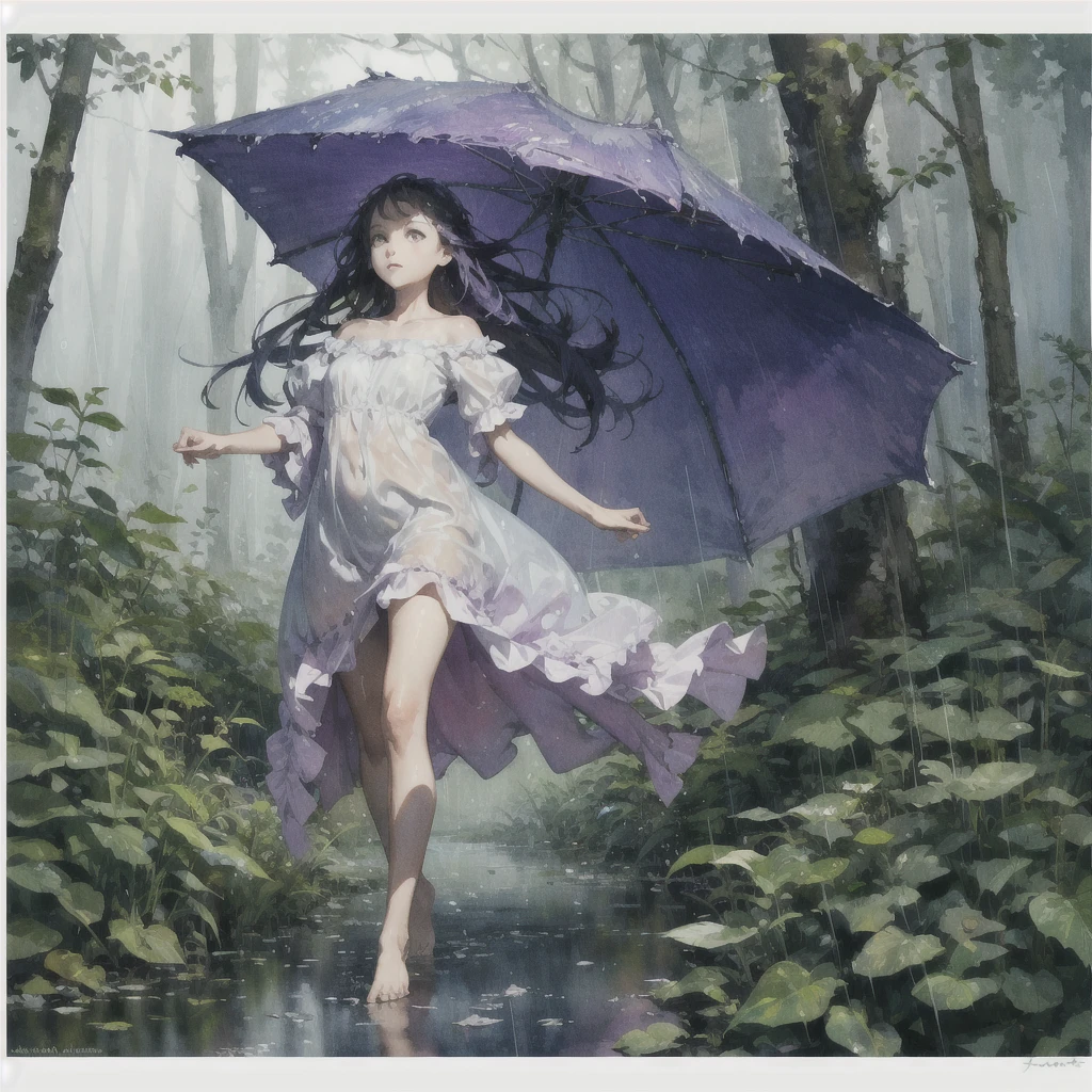a girl with a very beautiful exquisite face barefoot in the rain in the summer forest, purple thunderstorm, in watercolor style, nudity