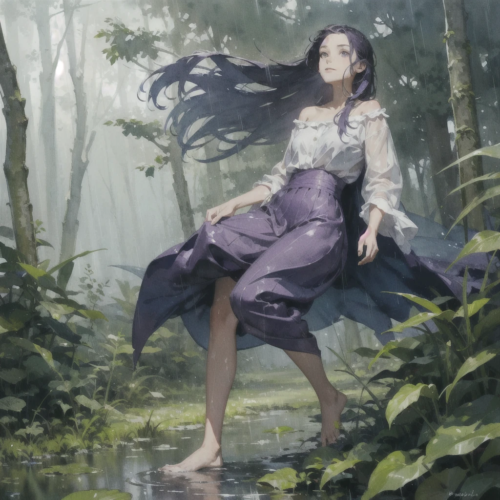 a girl with a very beautiful exquisite face barefoot in the rain in the summer forest, purple thunderstorm, in watercolor style