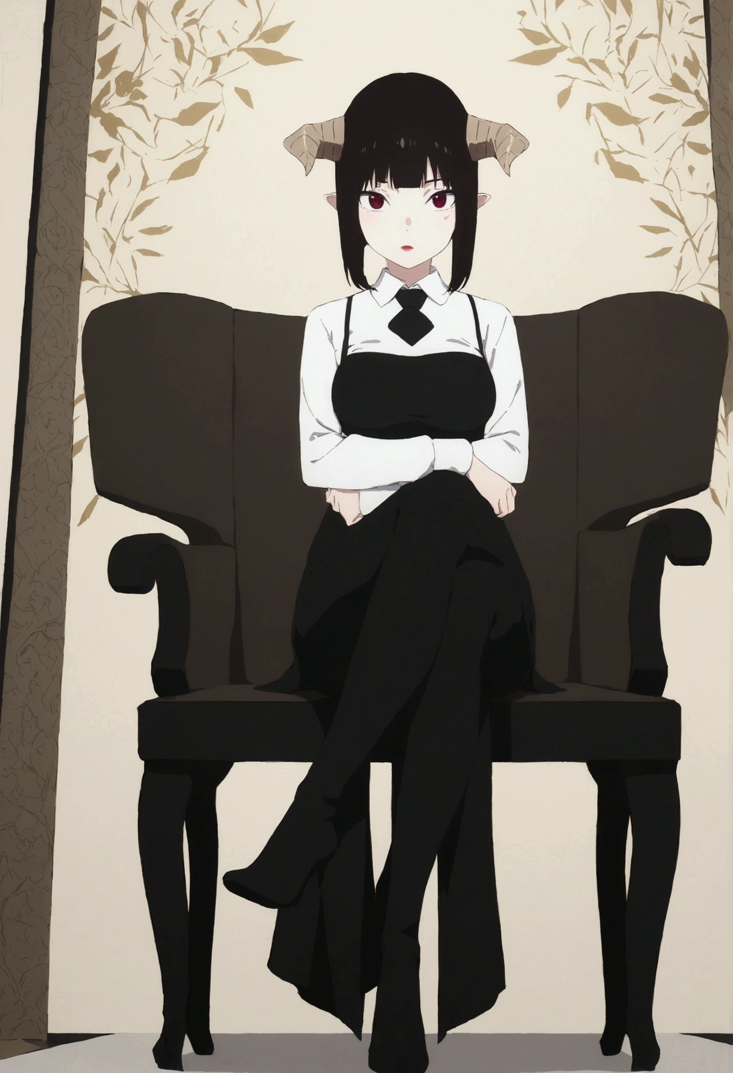 work of art, best qualityer, ultra detali, illustration, colorfully, flat colour, Depth of field, 1 girl, sitting down, Bblack hair, horns on head, Eyes red, , gazing at viewer, in the office, black business dress, pantyhose, black pantyhose, Detailed texture skin, detailed cloth texture, beautifull detailed face