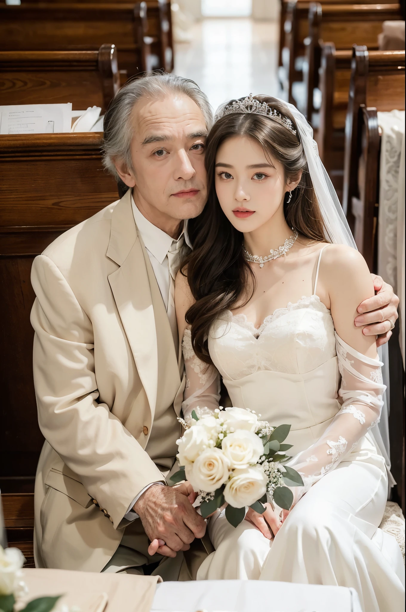 (((best quality))),(((ultra detailed))),(((masterpiece))),illustration,(((1old man and 1girl))), elderly bridegroom, beautiful young bride, white wedding gown, church, majestic altar, rows of wooden pews, traditional tuxedo, white shirt, tailored suit jacket, boutonniere, delicate tiara, sparkling crystals, pearls, slender figure, intricate lace detailing, flowing hair, loose curls, vibrant flowers, white roses, greenery, adoring eyes, mixture of love and admiration, age difference, pure love, connection, reminder, no boundaries, true love, spans across generations