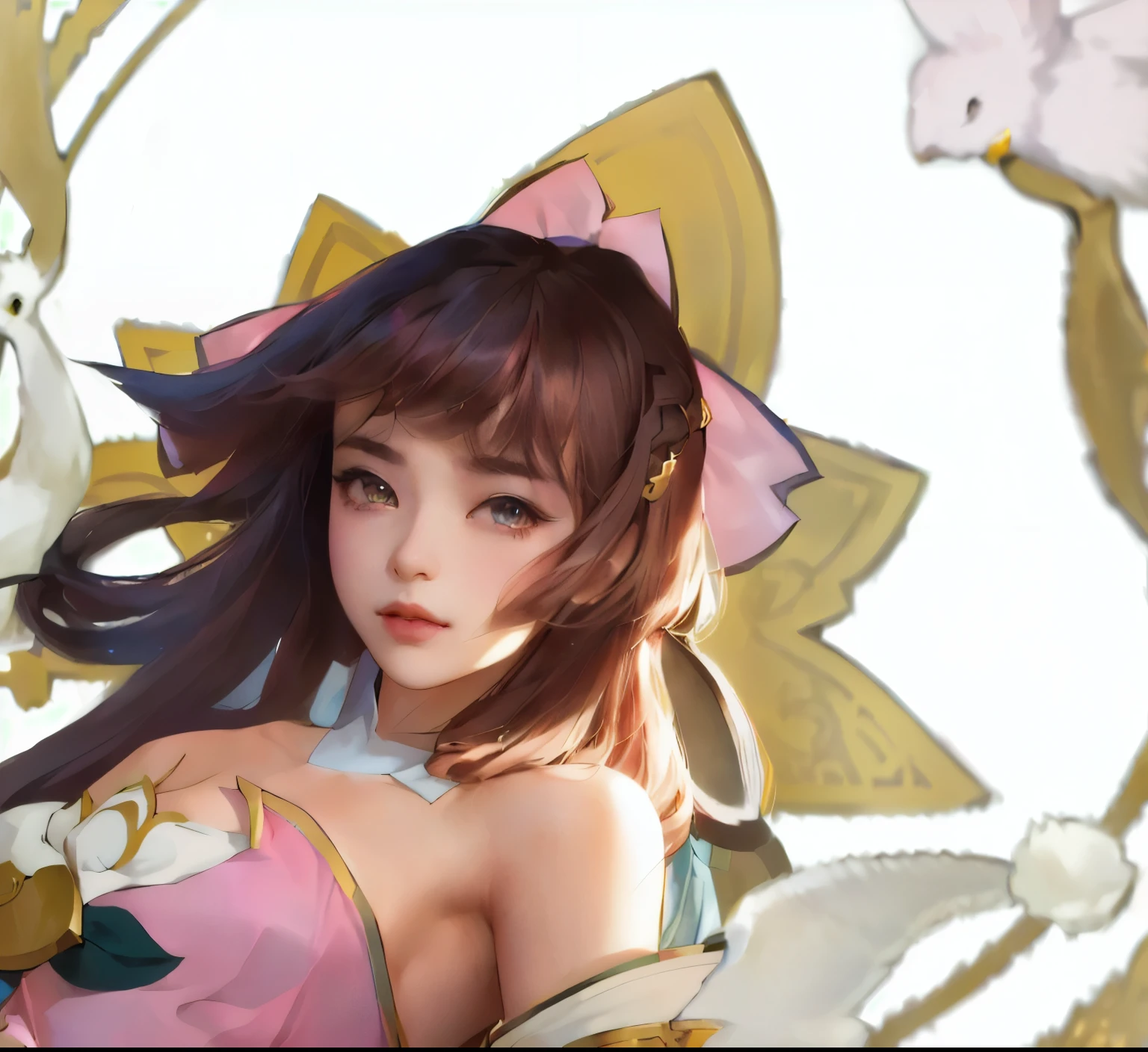 Wearing a pink dress、Anime girl wearing a pink bow holding a white bird, Portrait of the Knights of the Zodiac, Atjem. High Detail, Ali, extremely detailed Atjem, portrait of Ali, Atjem detailed, Chun Li Portrait, Portrait of Chun Li, Kushat Krenz Key Women in Art, April Rendering
