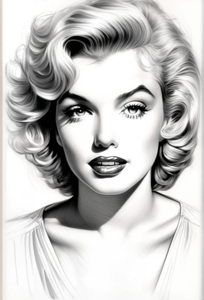 (MarilynMonroe)pencil sketch drawing of the face of a 35 year old woman,short curly blonde hair,exposed cleavage,white satin shirt