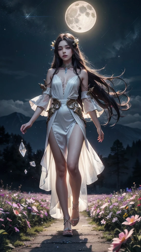 Beautiful and magical elemental spirit girl with long flowing hair, ethereal spiritual dress, walking through a field of crystal flowers as dark rainbow moonlight makes the flower glow with a luminous light