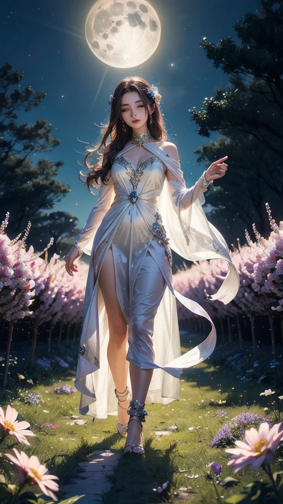 Beautiful and magical elemental spirit girl with long flowing hair, ethereal spiritual dress, walking through a field of crystal flowers as dark rainbow moonlight makes the flower glow with a luminous light