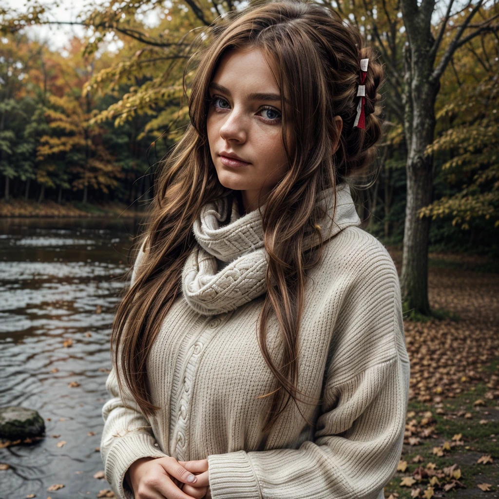 best quality, ultra-detailed, illustration, warm lighting, Soft lighting, Couleurs vives, 1 woman aged 25, bare,( lovely woman, Longhaire, blue eye, ribbon, brown-hair, Hair between the eyes, hair ribbon, side locks, very Longhaire, messy hair,) , Automne, a lot of maple, maple leaves, gold leaves, fall foliage, Dried leaves, river, air frais, peace, brise fraîche , sweater season,( porter un pull blanc ou marron, Red Scarf, Gloomy fall, Melancholy, melancholy, Grieving ,worried, Desire,)
