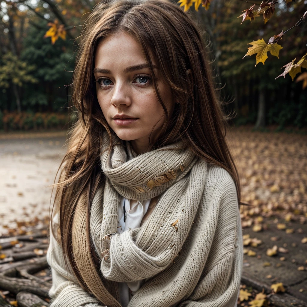  best quality, ultra-detailed, illustration, warm lighting, Soft lighting, Couleurs vives, 1 fille, bare,( belle fille, Longhaire, blue eye, ribbon, brown-hair, Hair between the eyes, hair ribbon, side locks, very Longhaire, messy hair,) , Automne, a lot of maple, maple leaves, gold leaves, fall foliage, Dried leaves, river, air frais, peace, brise fraîche , sweater season,( porter un pull blanc ou marron, Red Scarf, Gloomy fall, Melancholy, melancholy, Grieving ,worried, Desire,)