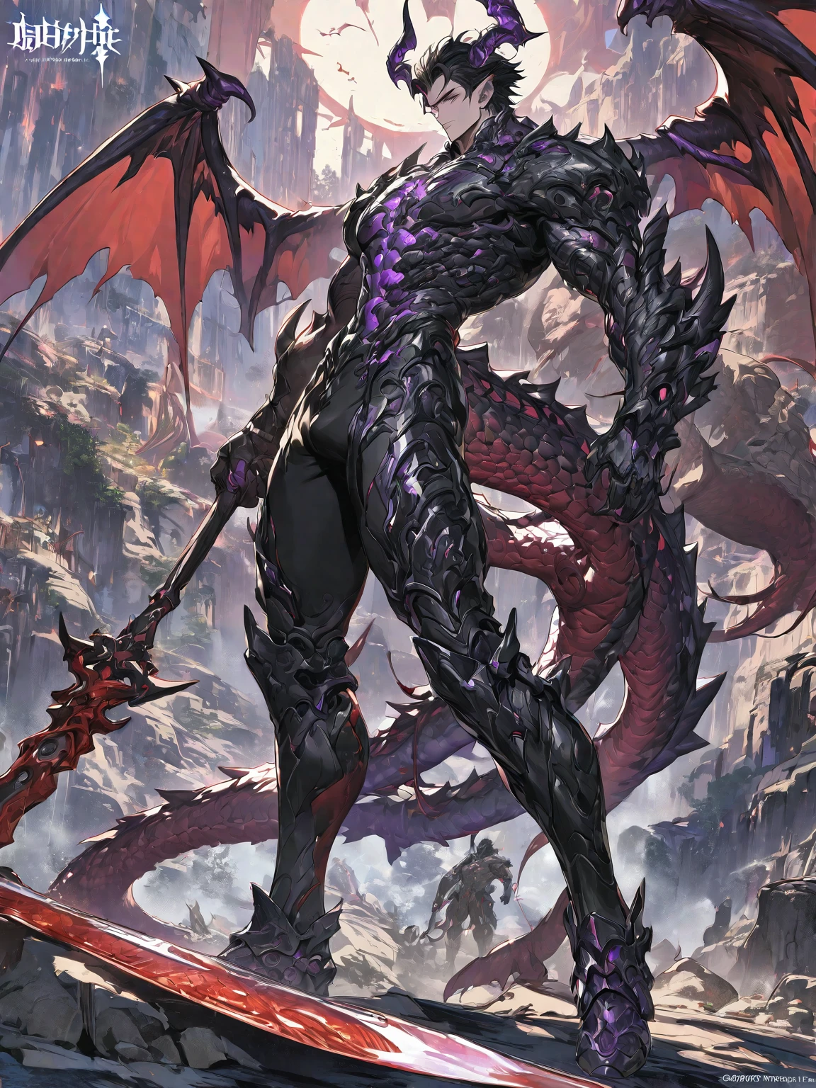 Best quality 8K resolution, Highly detailed, Digital Painting, Concept art, of the highest quality, One, beautiful, 1 man, adult man, with a sporty body, V-shaped body, black detailed armor with glowing purple details, black demonic horns, with large and long dragon wings, short hair, black hair, purple with red tones reptile eyes, a man has a huge and long sword in his hand, Against the background of war