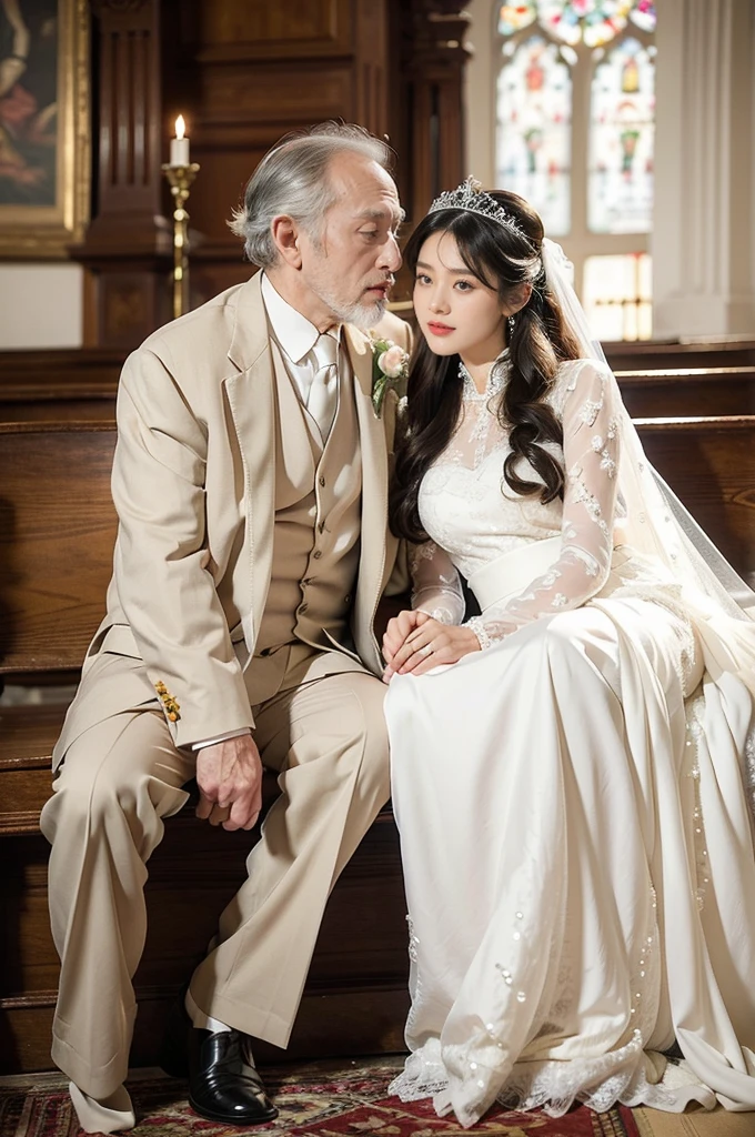 (((best quality))),(((ultra detailed))),(((masterpiece))),illustration,(((1old man and 1girl))), elderly bridegroom, beautiful young bride, white wedding gown, church, majestic altar, rows of wooden pews, traditional tuxedo, white shirt, tailored suit jacket, boutonniere, delicate tiara, sparkling crystals, pearls, slender figure, intricate lace detailing, flowing hair, loose curls, vibrant flowers, white roses, greenery, adoring eyes, mixture of love and admiration, age difference, pure love, connection, reminder, no boundaries, true love, spans across generations