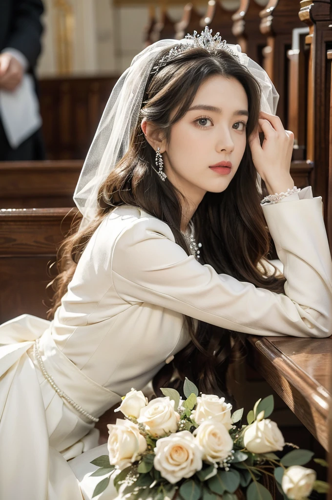 beautiful detailed eyes, beautiful detailed lips, extremely detailed eyes and face, long eyelashes, 1girl, beautiful Korean girl, exquisite bridal pink saree, standing in front of a beautiful church, ethereal lighting, soft pastel colors, cinematic lighting, dramatic composition, masterpiece, best quality, 4k, 8k, highres, ultra-detailed, photorealistic, professional, vivid colors