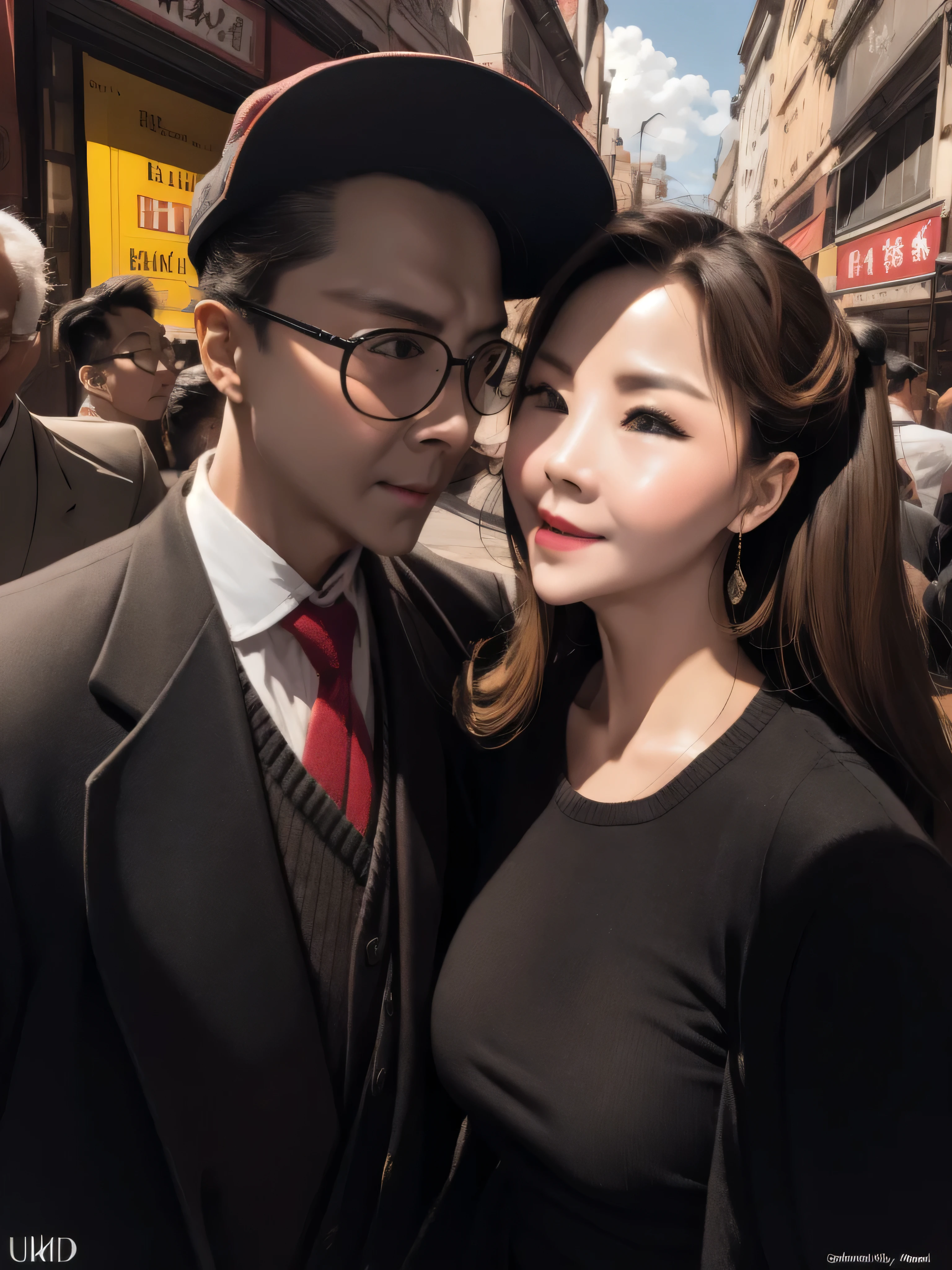In a crowded street,a beautiful woman wearing sexy suit and an old man are making out on road side, UHD, masterpiece, textured skin, super detail, best quality, 8k