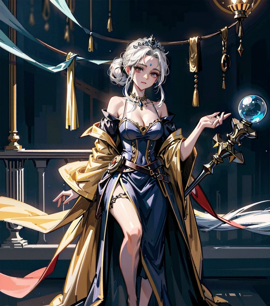 Beautiful goddess,1 Girl,Off-shoulder dress,Moderate hair,Moderate ,Exposed collarbone,Tear mole,Gorgeous goddess dress,Candlelight room,Flowing robe,The expression is arrogant,White hair,No shoes,There is a mysterious mark in the middle of the forehead,(best quality,4K,8K,high resolution,masterpiece:1.2),Extremely detailed,(Practical,photoPractical,photo-Practical:1.37),fantasy,Facing the camera,Crystal ball floating on the palm,Intricate details,Dramatic Lighting,Melancholy atmosphere,Rich colors