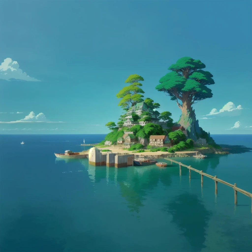 painting of a small island with a lookout and a boat, studio ghibli environment, studio ghibli smooth concept art, Ghibli Studio Landscape, not style of hayao miyazaki, studio ghibli composition, Painting Studio Ghibli, in style of studio ghibli, studio ghibli concept art, from the studio ghibli film, Ghibli Film Studio still, studio ghibli painterly style