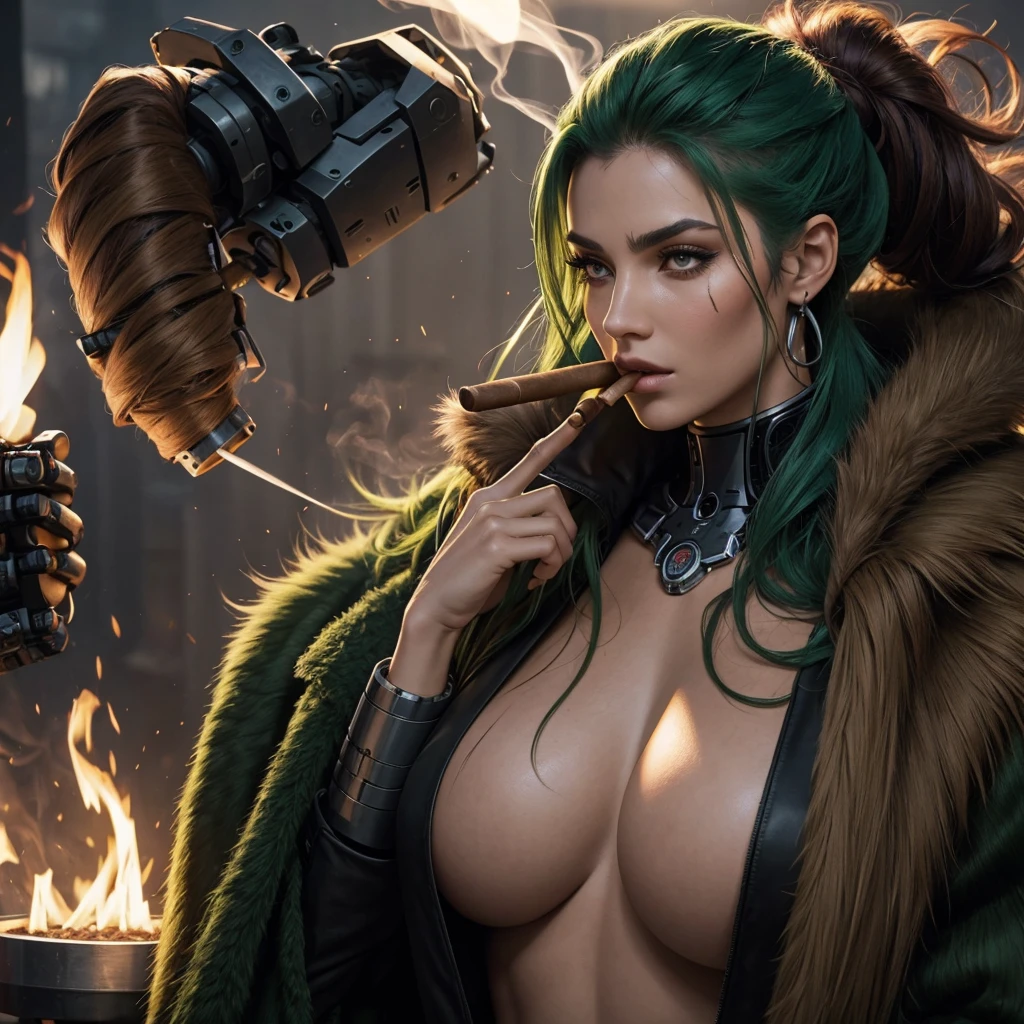 Woman, hair green, scar above the nose, Bust Big, long hair tied, robotic arm, smoking a cigar, fur coat on her back