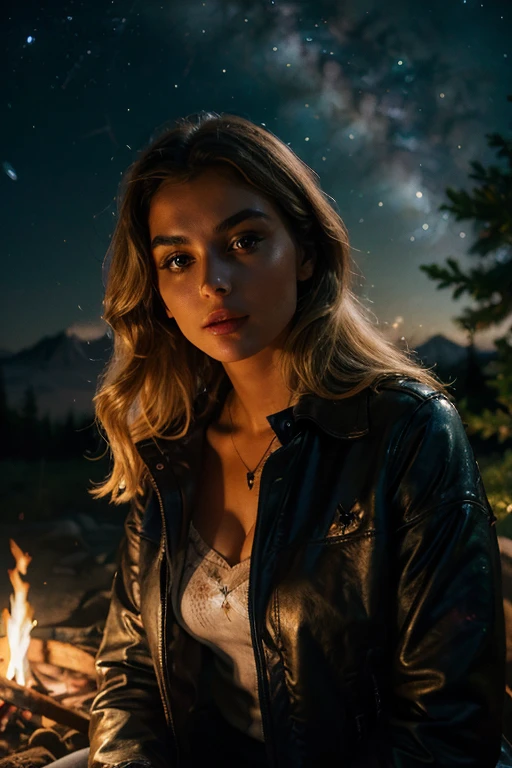 work of art, best qualityer, extremely detaild, hyper realist, photorrealistic, a beautiful French model from the 20s, in the night:1.2, warm toned, warm toned, Navy Jacket:1.2, t - shirt, with stars and trails of the Milky Way:1.1, sitting by the campfire, at the forest, real vapor visible, smoke, eyeshadows, tent, Face ultra detailed, Messy hair, hair blonde, pale skin, busty breasts, serene, dynamic pose