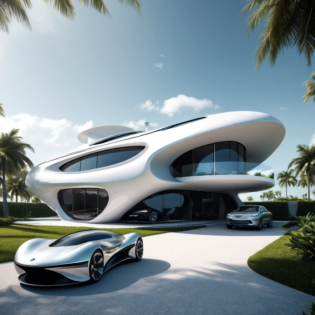 a futuristic house with a car parked in front of it, cgsocietywlop, beautiful curves, intricate devilish designs, qualia, interesting shapes & form, wow factor, elaborate polished, architectural rendering, miami, futuristic battlefield, inspired by James E. Brewton, precise architectural rendering