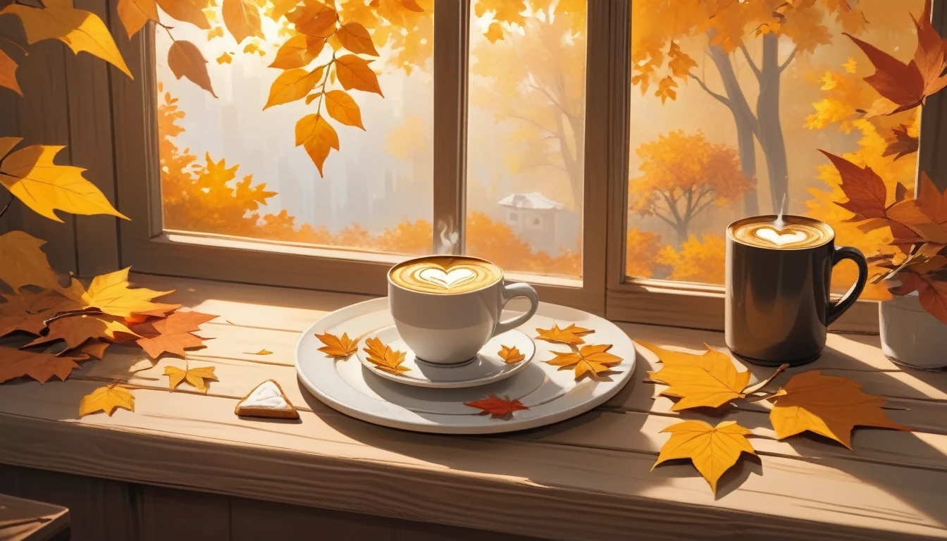 Make a picture of a cozy autumn morning scene featuring one cup of coffee with heart-shaped latte art on it, placed on a opened wooden windowsill.focus on coffe cup, beside the cup, there was a piece of cake with triangle slice layered with white cream on the small plate, and surrounded by bright yellow and orange leaves falling from the nearby trees, which are visible through the window. Warm sunlight filters through the leaves, casting dappled shadows all around, enhancing,
