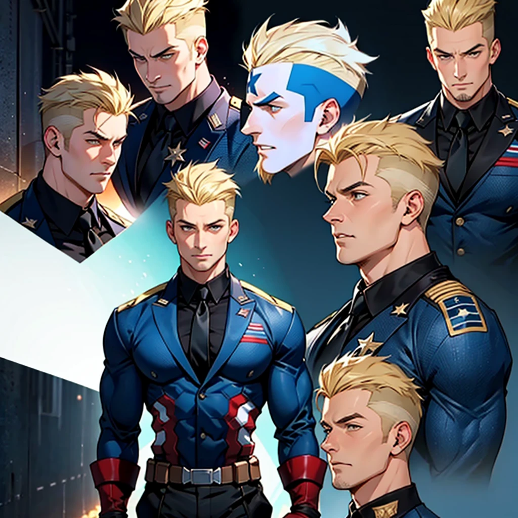 An excellent model sheet of a muscular adult Captain America, short blonde quiff hair, shaved neck, wears a light beige suit-style outfit, dark blue blouse underneath and black tie, black pants and black shoes, Using detailed gauntlets, in different poses, various face angles, Facial expressions, 8k quality.