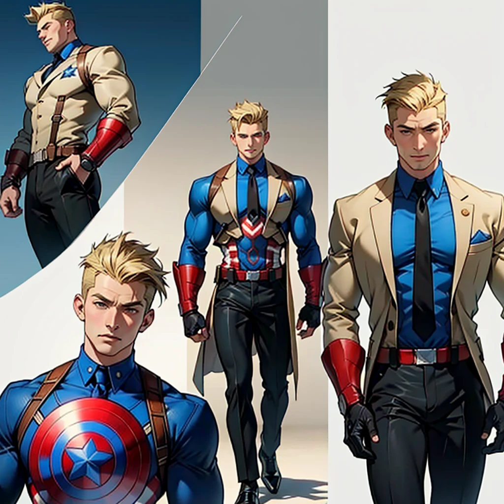 An excellent model sheet of a muscular adult Captain America, short blonde quiff hair, shaved neck, wears a light beige suit-style outfit, dark blue blouse underneath and black tie, black pants and black shoes, Using detailed gauntlets, in different poses, various face angles, Facial expressions, 8k quality.