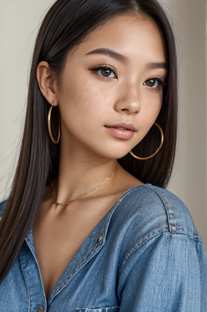 A young 19-year-old woman named Lila Nakamura with a japanese and Northern European heritage. She has thick dark black eyeliner, glossy lips, and a cute, endearing expression. She has straight, blonde hair with black highlights that falls just past her shoulders, styled in a neat and polished manner. Her eyes are almond-shaped with a light, striking blue color, accentuated by subtle eyeshadow and mascara. Her skin has a light tone with a natural, fresh look, and she has a few delicate freckles across her nose. She is wearing a simple, professional outfit, consisting of a white blouse and dark jeans, and accessorized with small gold hoop earrings. The background is a neutral studio setting with soft lighting to highlight her features.