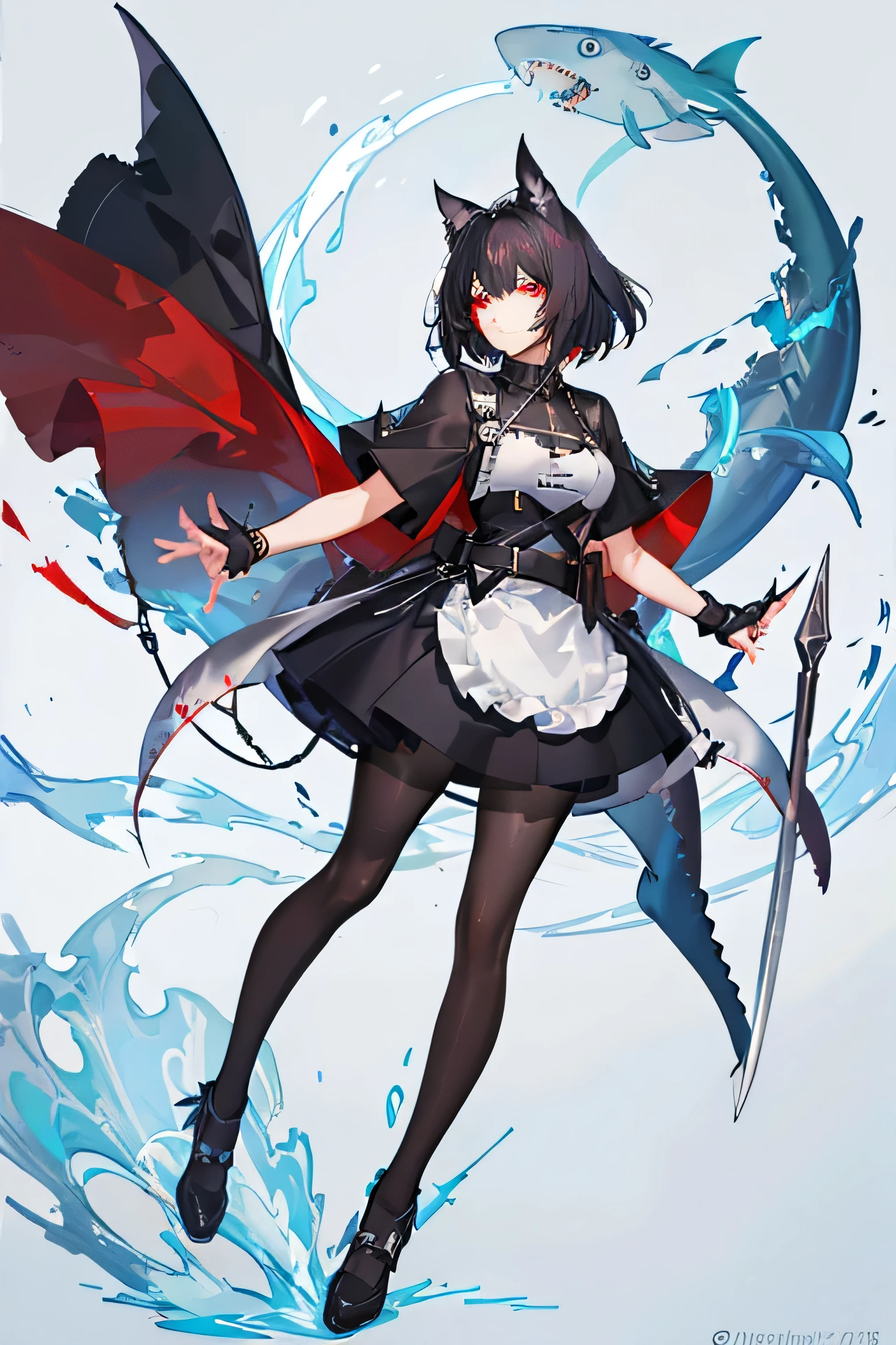 olo, 1girl (big breasts, shark tail, wild, cape) (masterpiece, best quality: 1.2), alternative clothing, dress, shark tail, (shark girl: 0.5), short hair, black hair, red eyes, tail, pantyhose , colorful hair, black shoes, short sleeves, apron, wristband, stockings, black hair, white inner hair, (glowing red eyes: 1.3), short hair, two-color hair, apron, black pantyhose, black shirt, knife