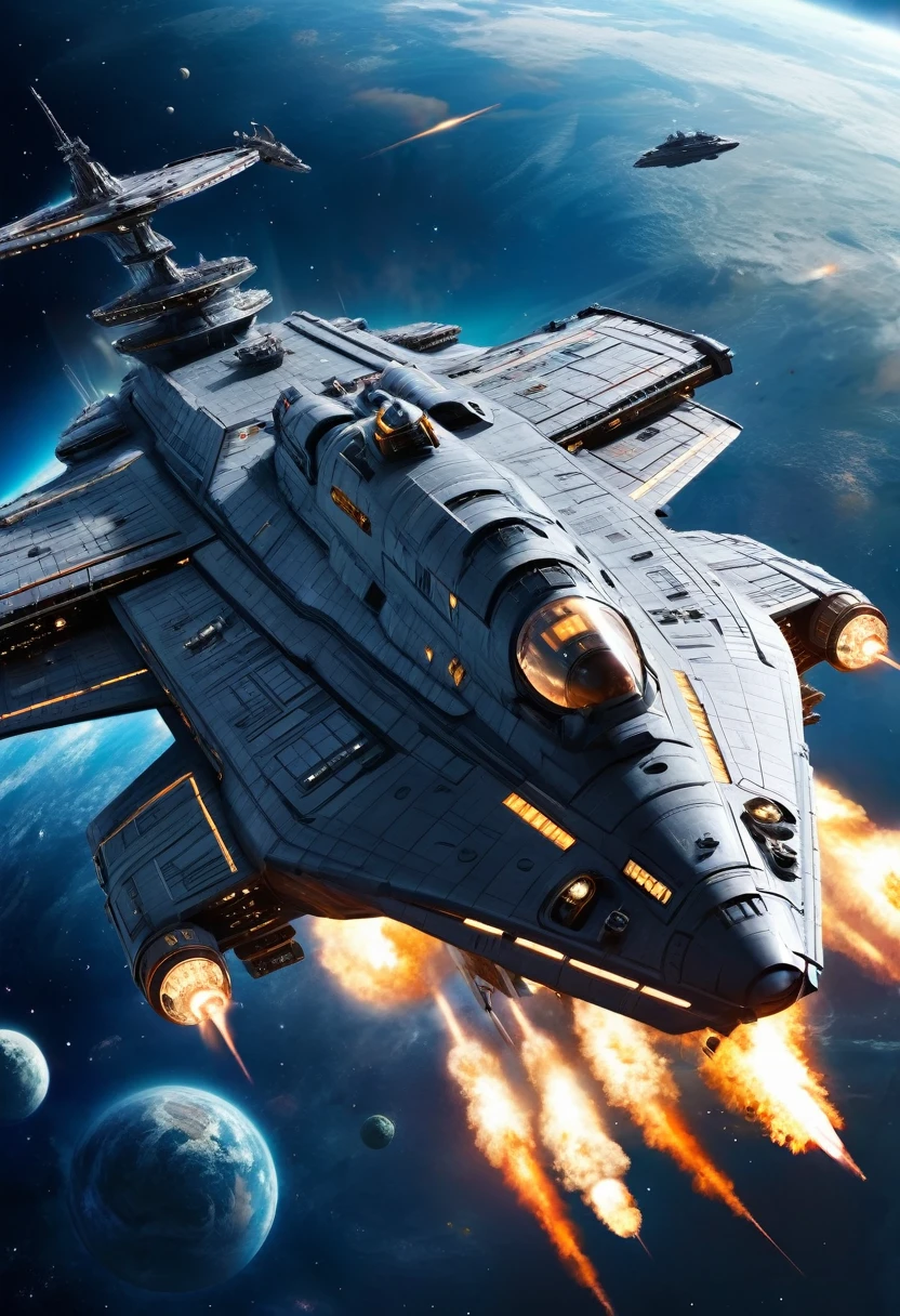 Interstellar battleship full of high-tech elements,Cosmic level,Flying battleship,Space,Sky