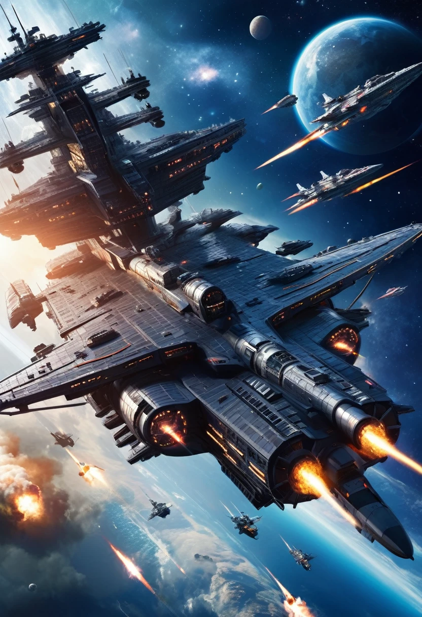 Interstellar battleship full of high-tech elements,Cosmic level,Flying battleship,Space,Sky