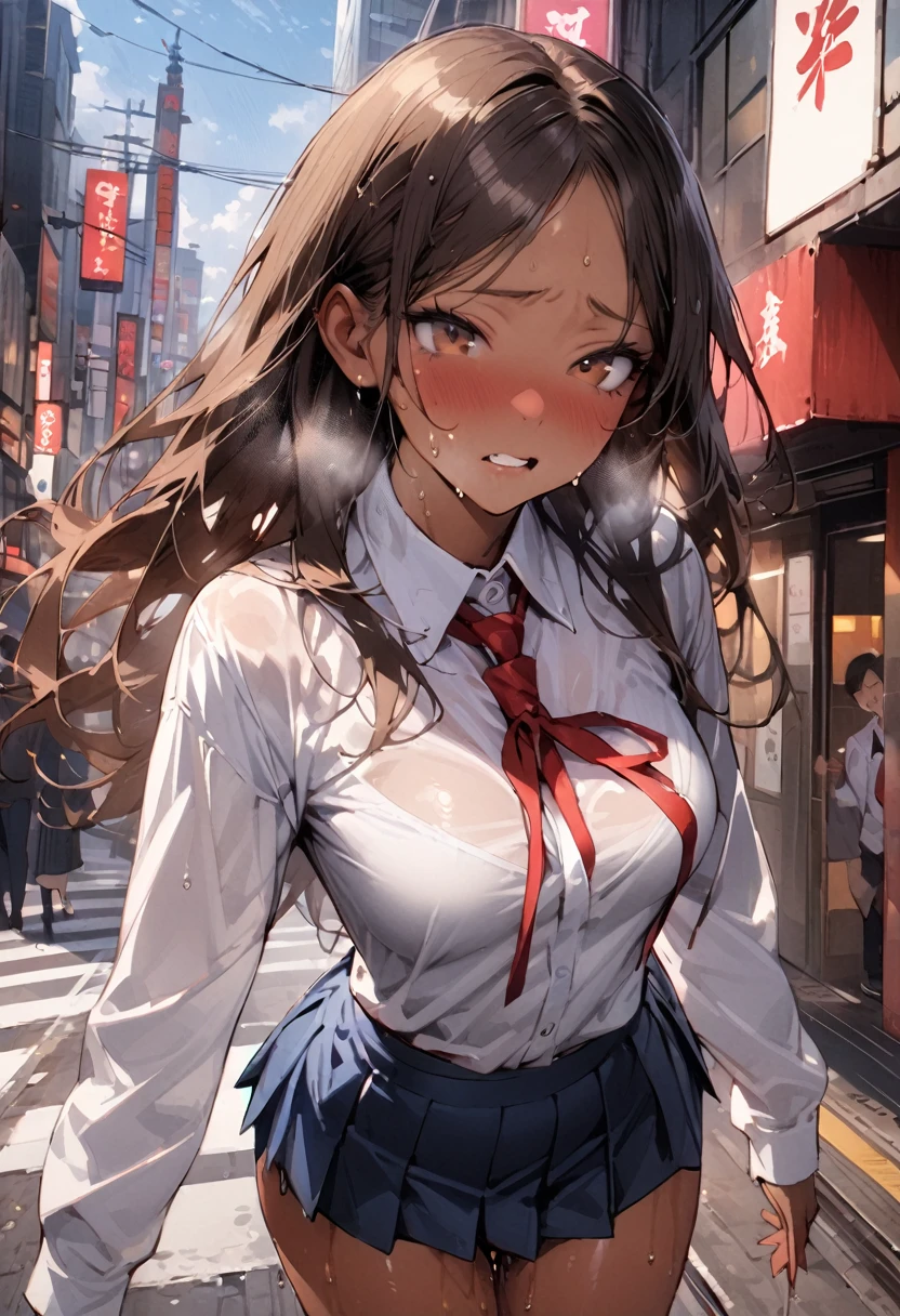 ((masterpiece,Highest quality:1.3,best quality illustration,realistic:1.3)),cowboy shot,独奏,1woman,(20-year-old、Japanese Beauty)、brown hair,long hair,center parted bangs,brown eyes,gorgeous eyes,((very small head:1.3)),shy,Heavy breathing,((very long body:1.2,skinny)),medium breasts,((tan skin:1.3)),(Red ribbon tie、White collared shirt、Long sleeve navy blue pleated mini skirt)),gleaming skin,toned body,slender body、Wet crotch、sweat,on street,Shibuya、Modern Tokyo、