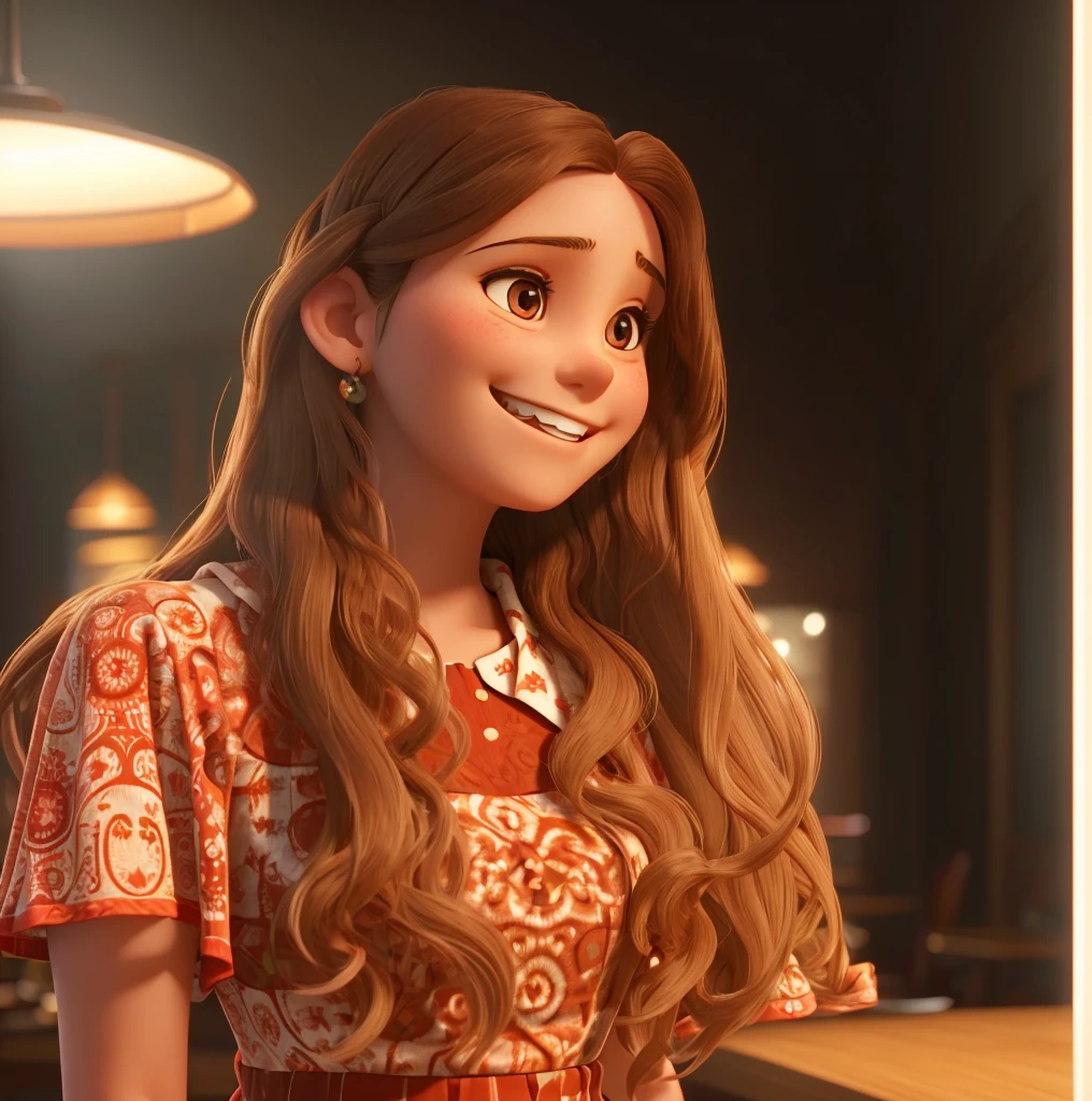 A young woman with long brown hair is smiling at the camera, her teeth showing. She's wearing a red patterned top and has her hair styled in loose waves. The background suggests an indoor setting, possibly a restaurant or bar, with soft lighting that casts a warm glow on her face.