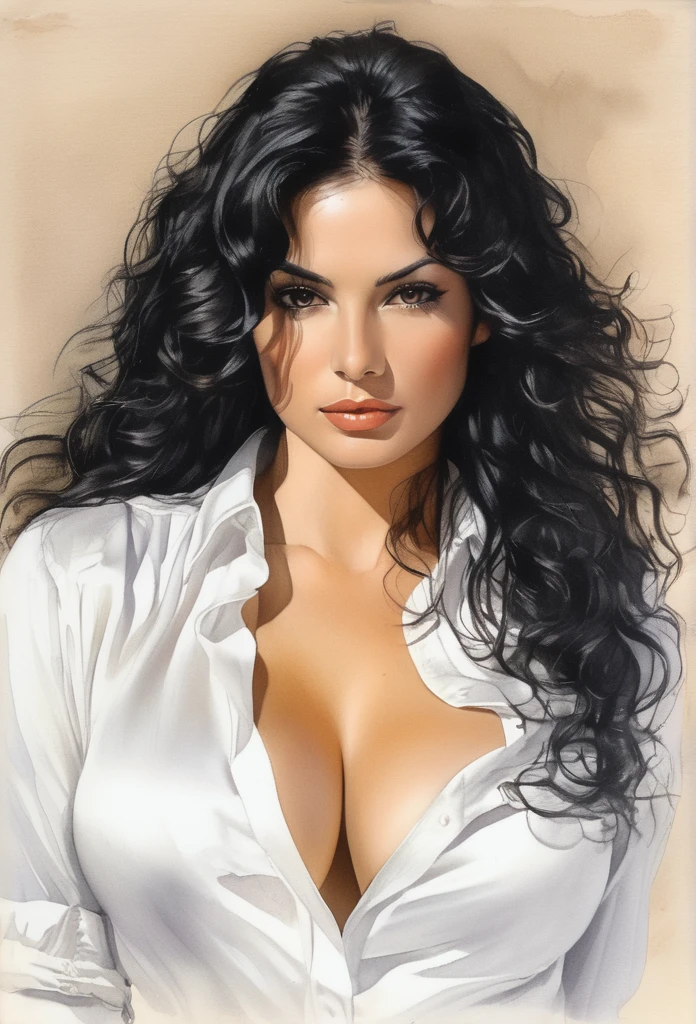 (Italian model)drawing of the face of a 35 year old woman,long curly black hair,big breasts,exposed cleavage,white satin shirt