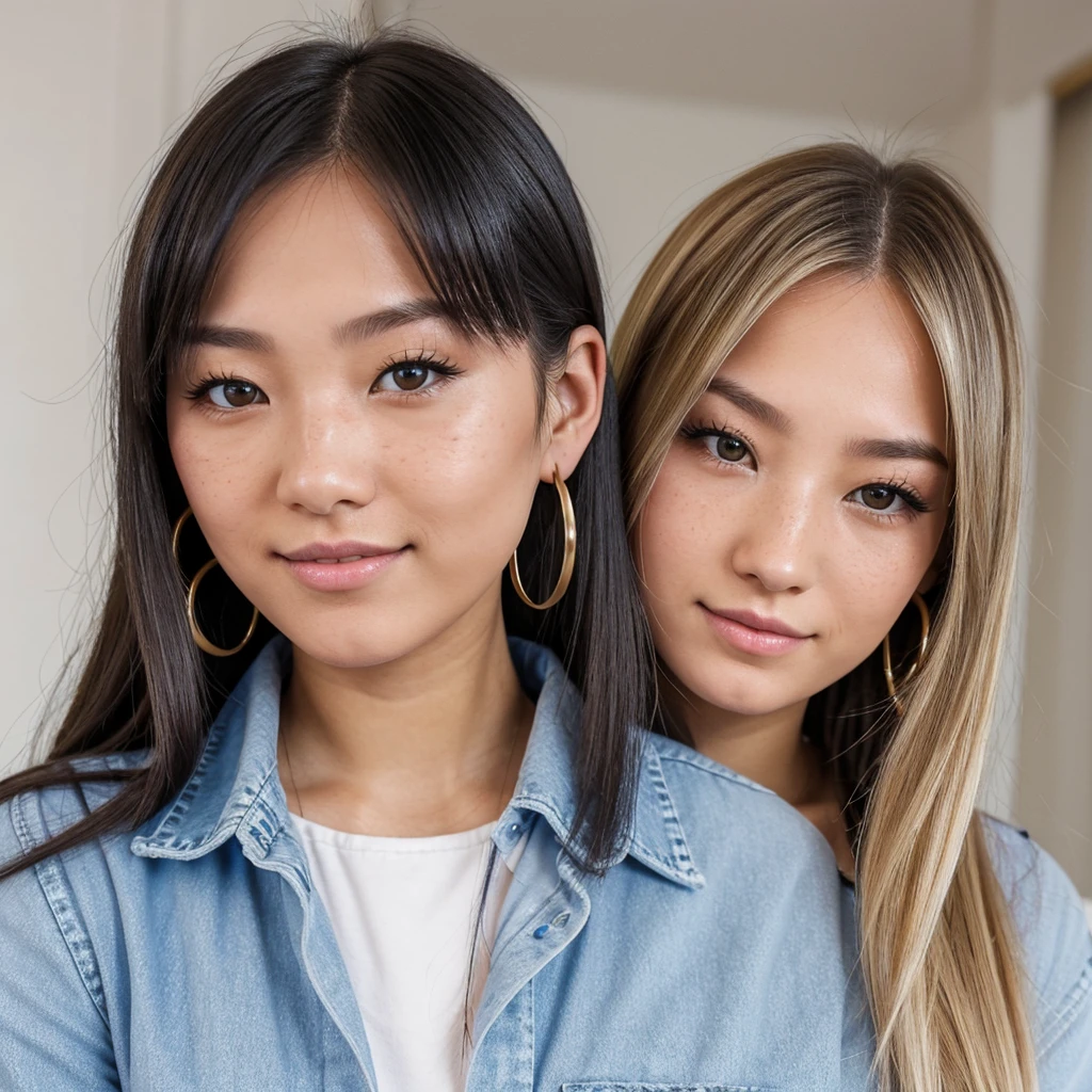 A young 19-year-old woman named Lila Nakamura with a japanese and Northern European heritage. She has thick dark black eyeliner, glossy lips, and a cute, endearing expression. She has straight, blonde hair with black highlights that falls just past her shoulders, styled in a neat and polished manner. Her eyes are almond-shaped with a light, striking blue color, accentuated by subtle eyeshadow and mascara. Her skin has a light tone with a natural, fresh look, and she has a few delicate freckles across her nose. She is wearing a simple, professional outfit, consisting of a white blouse and dark jeans, and accessorized with small gold hoop earrings. The background is a neutral studio setting with soft lighting to highlight her features.
