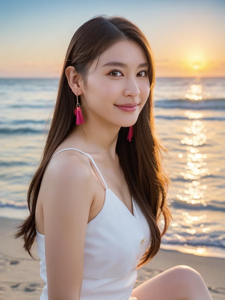 scene at the beach bar, (((only 1 woman))), (highest quality, 8K, ​masterpiece :1.3), pretty woman sitting at the beach bar,
keen focus, Bewitching, friendly, whole upper body, full upper body portrait,
16yo, 1 person, (Half Japanese and half Russian）, Beautiful actress face, 
Smooth body :1.3, exemplary body shape:1.5, Perfect style：1.4, subtle smile, casual, sitting on a tropical beach bar at sunset, side view
, pretty colorful feather earrings, award winning foto, trending on artstation, 16k resolution, intricate details, masterpiece, beach bar
