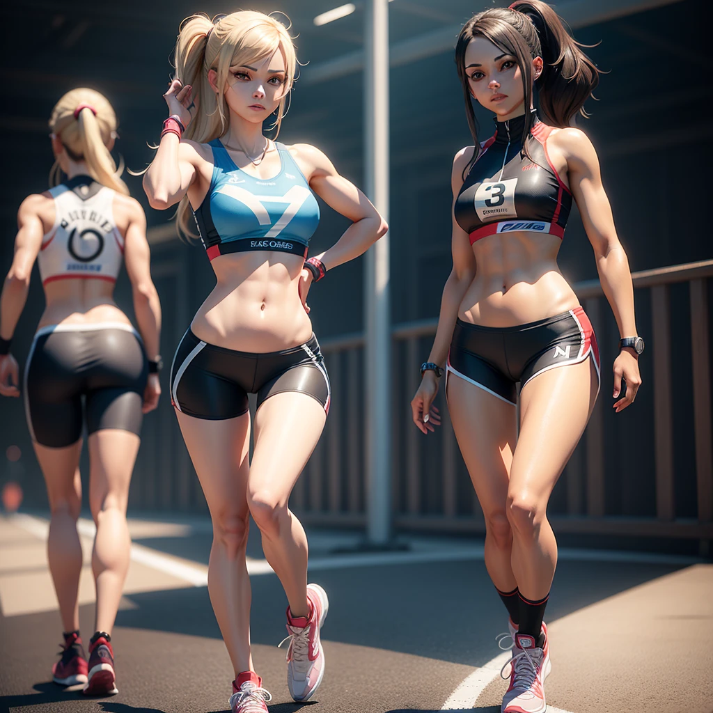 A model of full body 3d avatar of a 3 beautiful sports woman game character wearing 3 different outfits and runner shoes techno. Anime, best quality