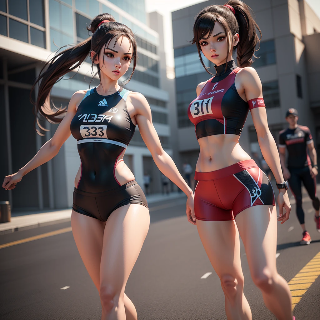 A model of full body 3d avatar of a 3 beautiful sports woman game character wearing 3 different outfits and runner shoes techno. Anime, best quality
