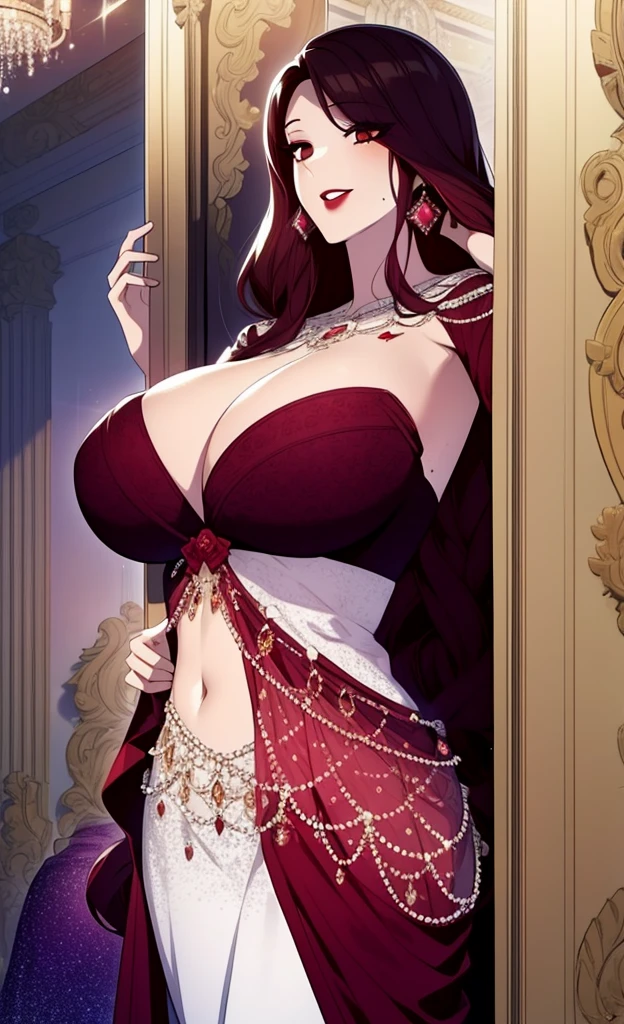 One woman  ,red lipstick,face makeup,mole under right eye, chandelier earrings  , sequin dress,huge breasts size ,navel,brown hair,tall women,short wavy hair, looking at viewer 