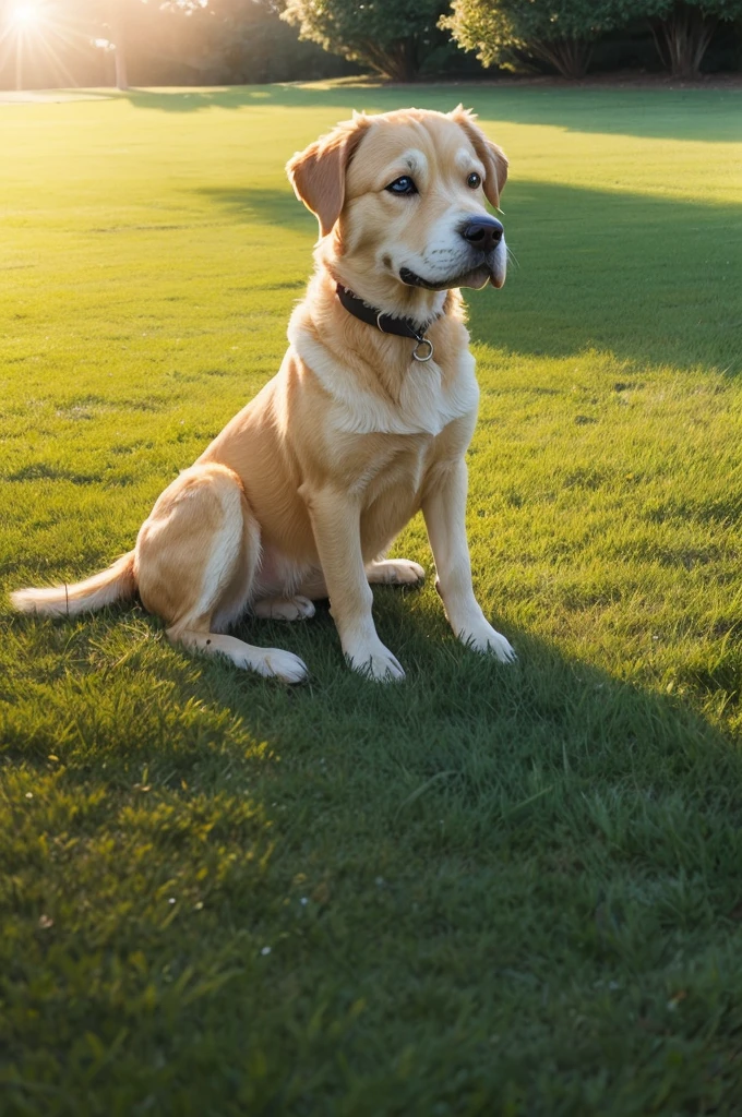 A yellow dog on a lawn looking at the sun 
