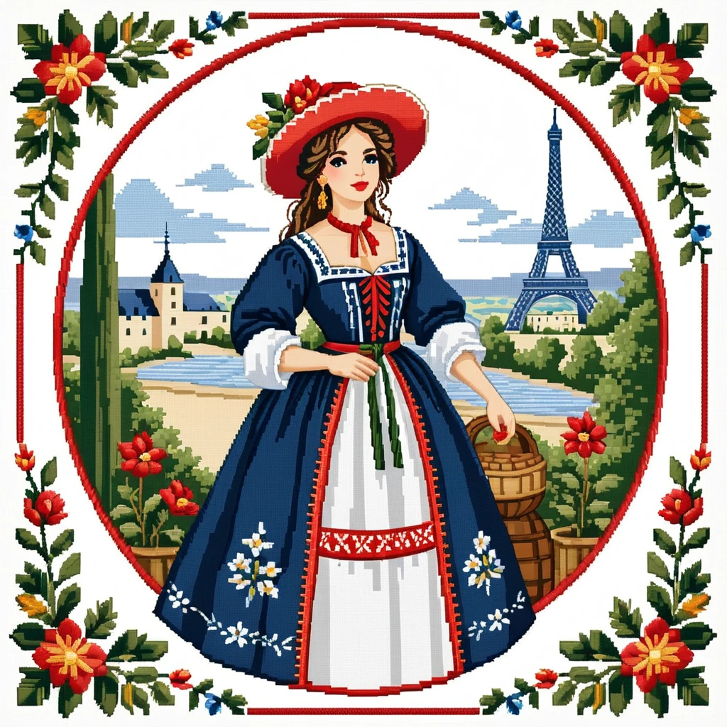 cross stitch pattern, french woman  in folk outfit
