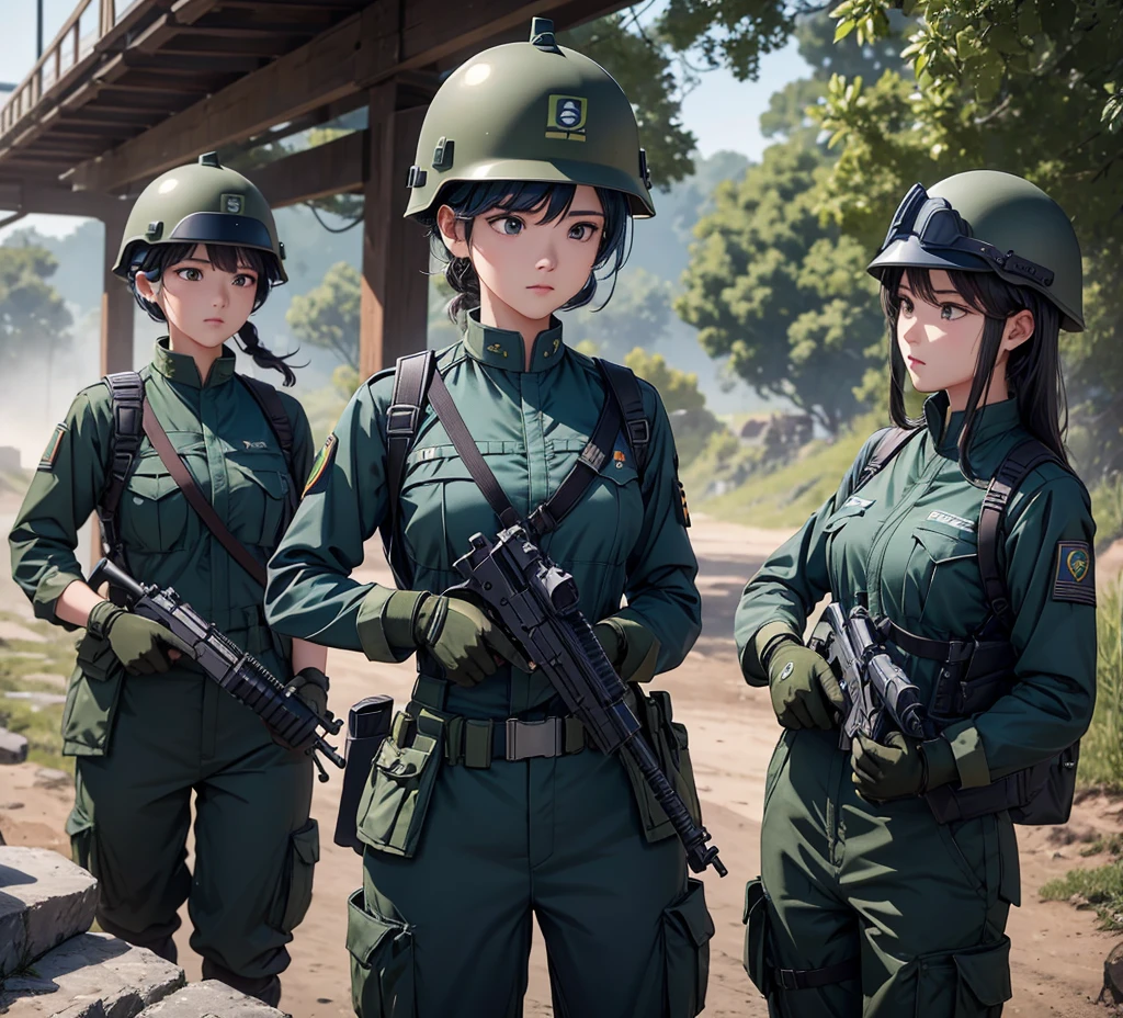A group of female soldiers all wearing dark blue and green uniforms，Wear a steel helmet、Military Pants、Individual equipment set、Alert with guns，Write details、masterpiece、best quality、Highly detailed CG、8K picture quality