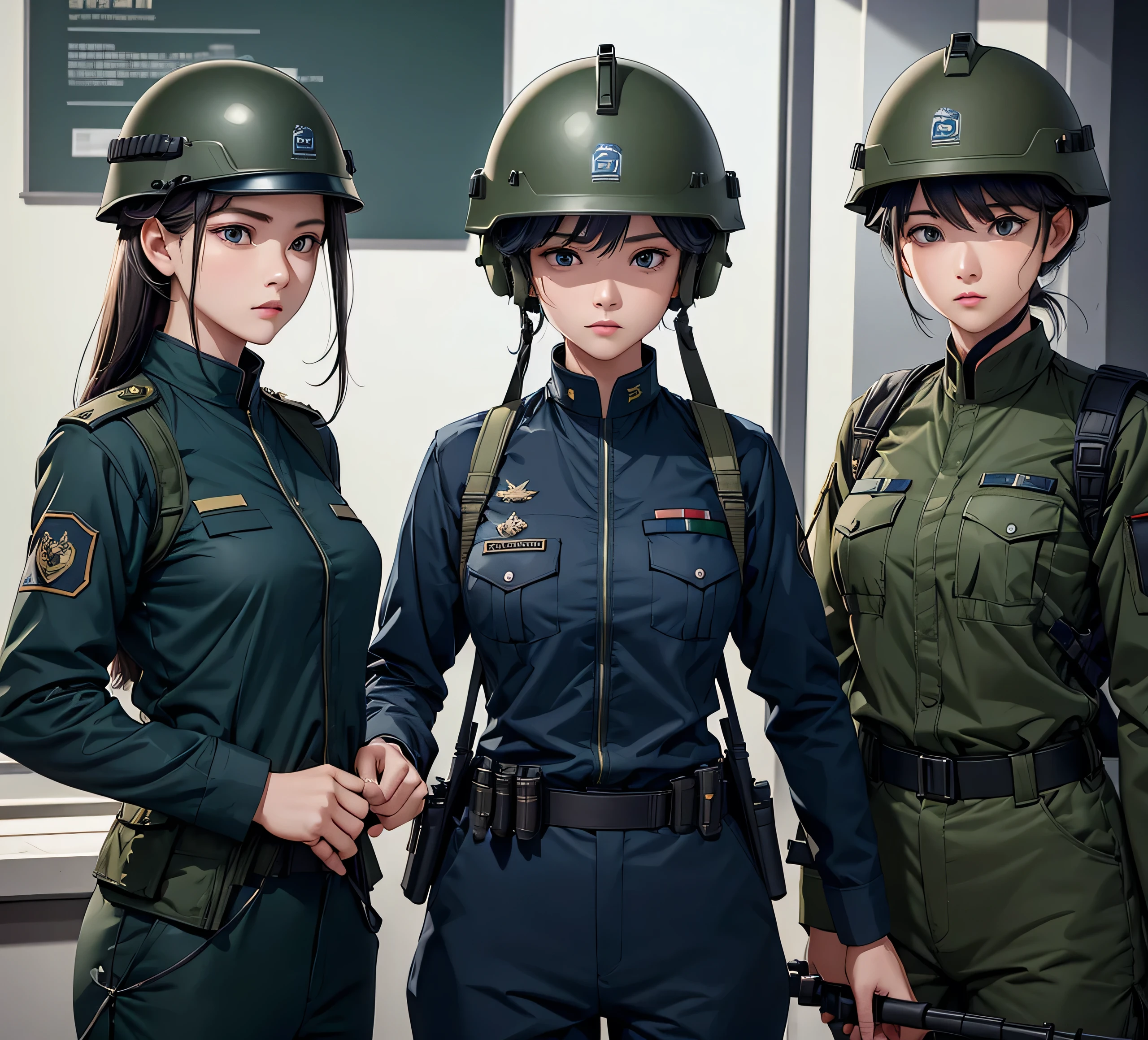 A group of female soldiers wearing dark blue and green military uniforms，Wear a steel helmet、Military Pants、Individual equipment set、Alert with guns，Write details、masterpiece、best quality、Highly detailed CG、8K picture quality