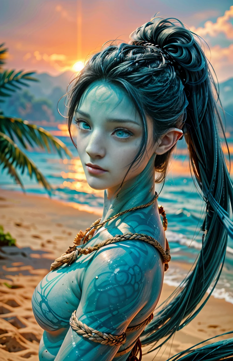 (1 woman, feminine build, blue skin, blue eyes, long dark blue hair, dark gray loincloth, sunset beach, hyper-realistic, photorealistic, 8k, masterpiece, absurd, vibrant colors, dramatic lighting, cinematic composition, detailed textures, intricate details)