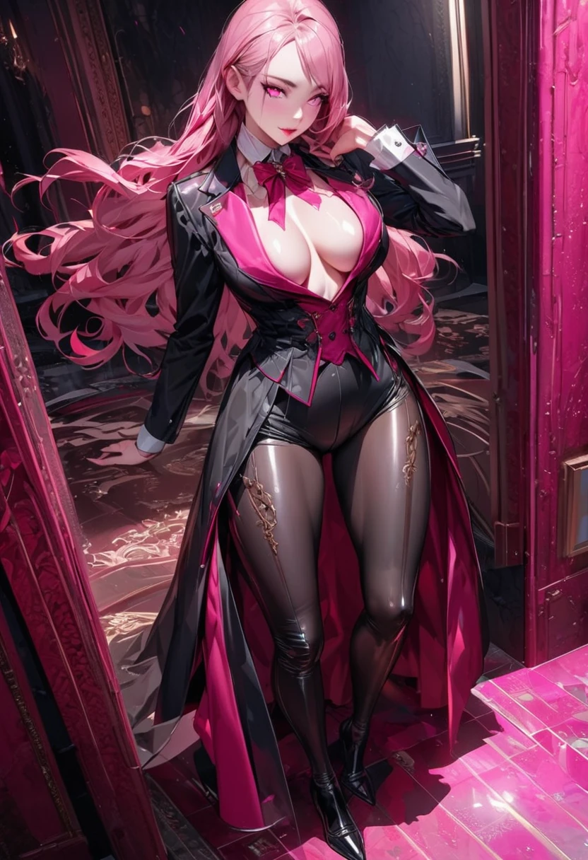 Young beautiful woman,(Highest quality,Extremely detailed depiction,Incredibly absurd high resolution,Anatomically accurate depiction,Curvy Legs),(Glowing Skin,Shiny skin),(Royal suit,Butler-style outfit),eyelash,eye shadow,Glowing pink eyes,There is cleavage in the chest,Glossy Lips,Shadowed face,A seductive smile,whole body,Standing posture,background:Rooms,From above:1.1,
