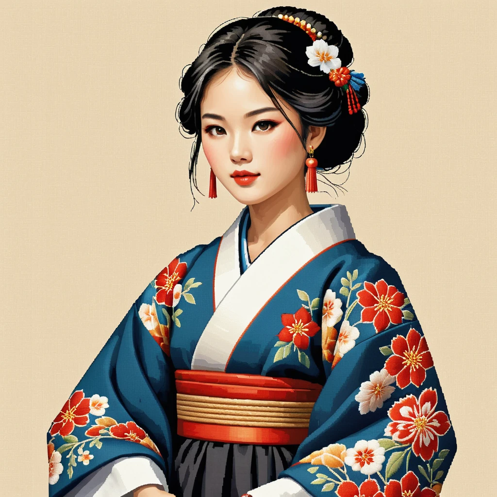 cross stitch pattern, japanese woman in folk outfit
