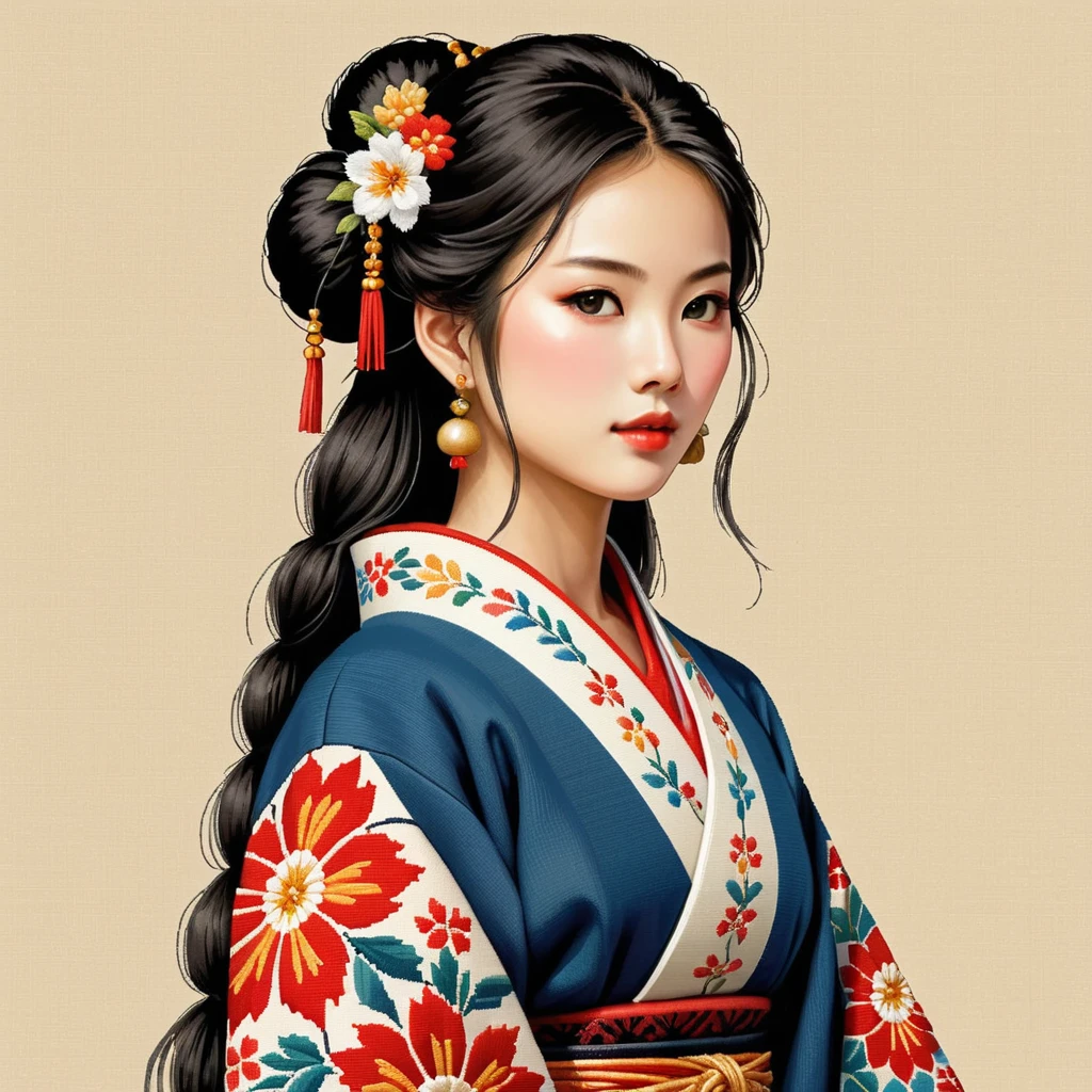 cross stitch pattern, japanese woman in folk outfit
