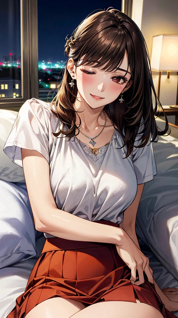 masterpiece:1.2, best quality, ((ultra detailed)), high resolution, 2d, anime style , wphoto, photography, detailed background, woman in white top on top of bedroom, jewelry, breasts, half closed eyes, medium hair,black hair, earrings, 1girl,pajamas, pajama shorts,(blush),nose blushed,sweat,dripping, troubled eyebrow,bangs, bracelet, parted lips, necklace, long sleeves,lying on bed, breasts on hands