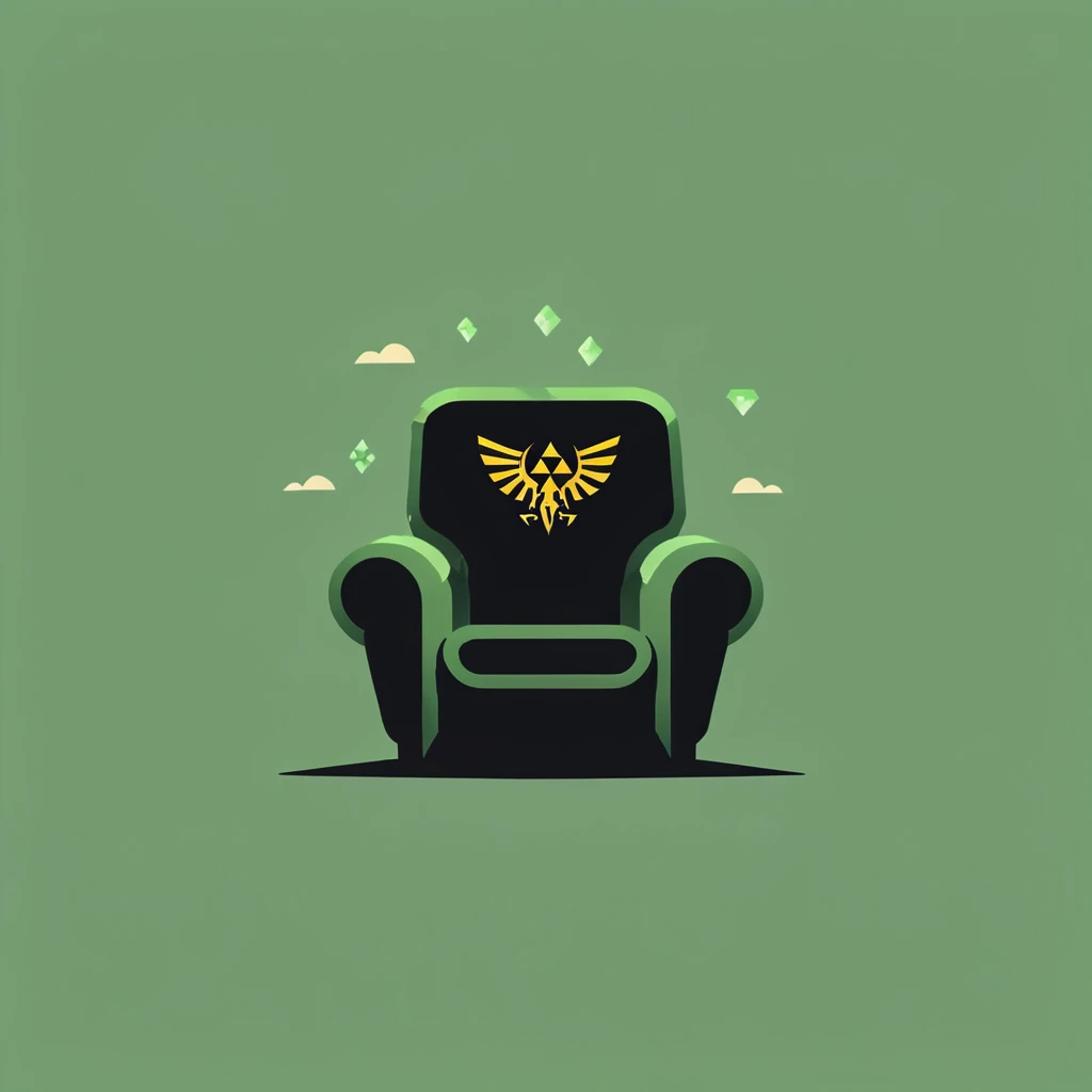 A logo for a video game company, con Link de Legends Of Zelda, playing videogames, Sitting in an armchair, minimalist, of various shades of green.