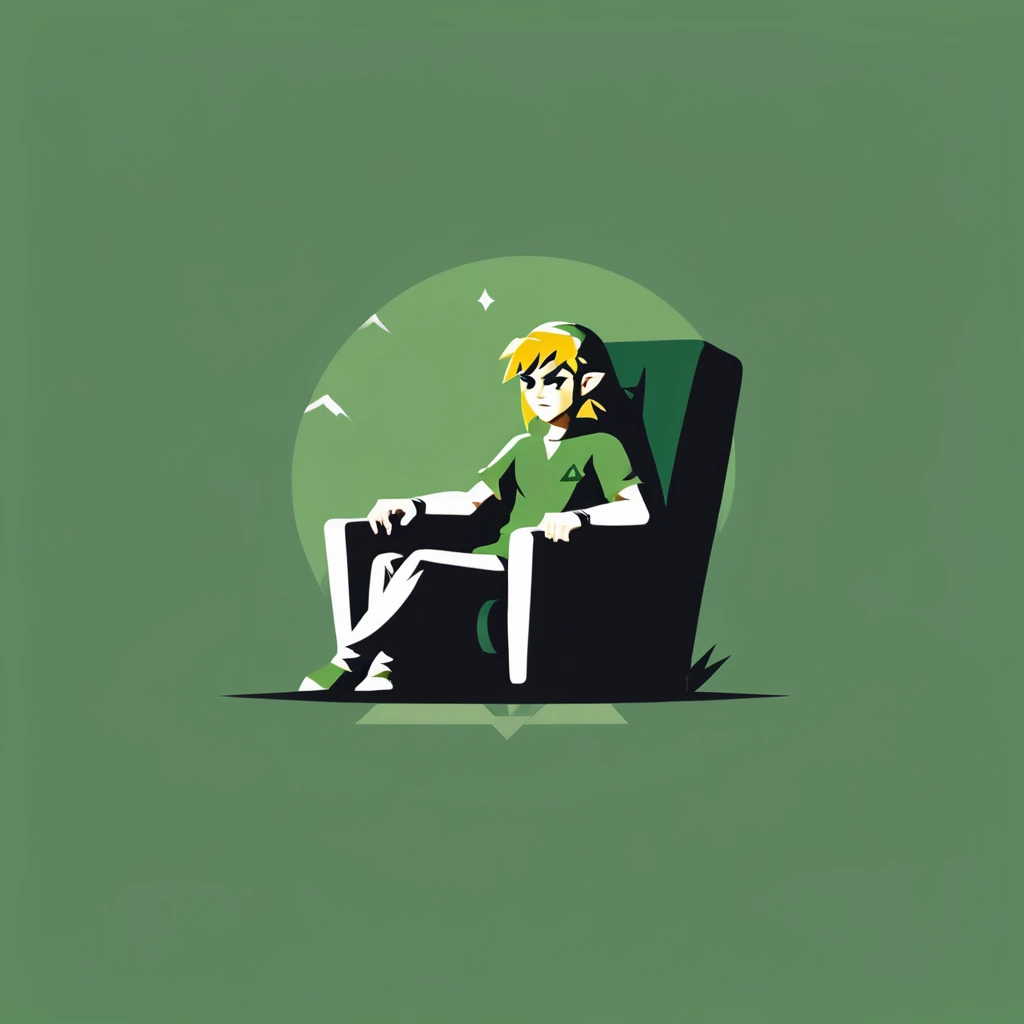 A logo for a video game company, con Link de Legends Of Zelda, playing videogames, Sitting in an armchair, minimalist, of various shades of green.